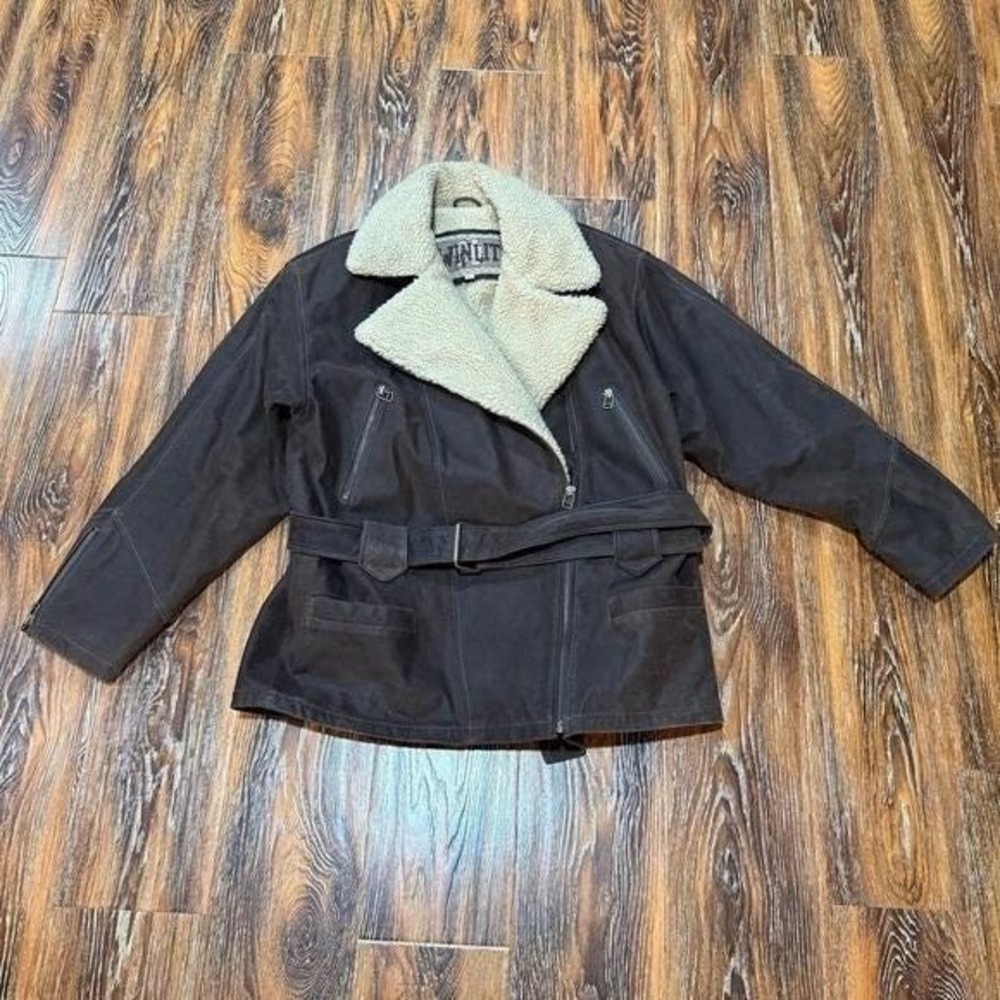 Winlit Vintage Womens Brown Leather Sherpa Lined Belted Moto Jacket Size L
